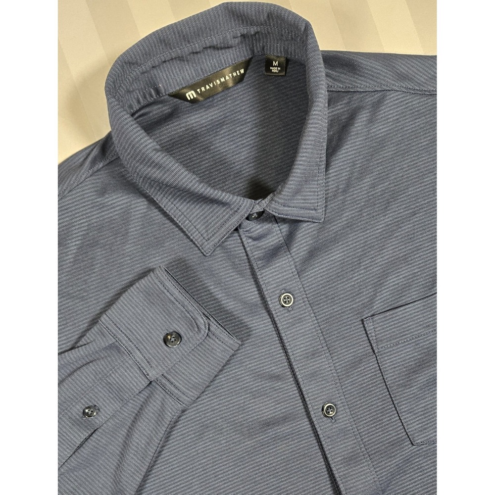 Travis Mathew Mens Long Sleeve Polo Shirt Sz M Blue Stripe Stretch Golf Casual